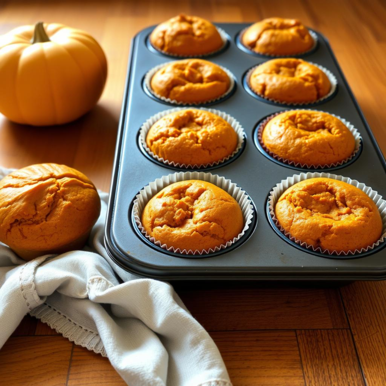 A tray of freshly baked pumpkin muffins on a wooden table.