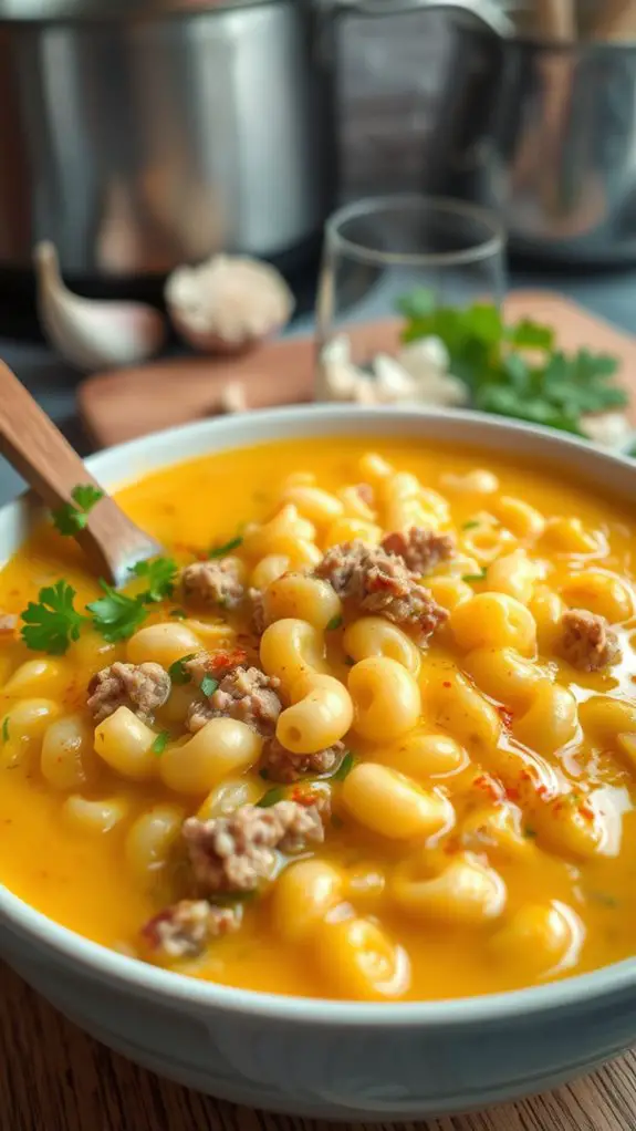 cheesy macaroni burger soup